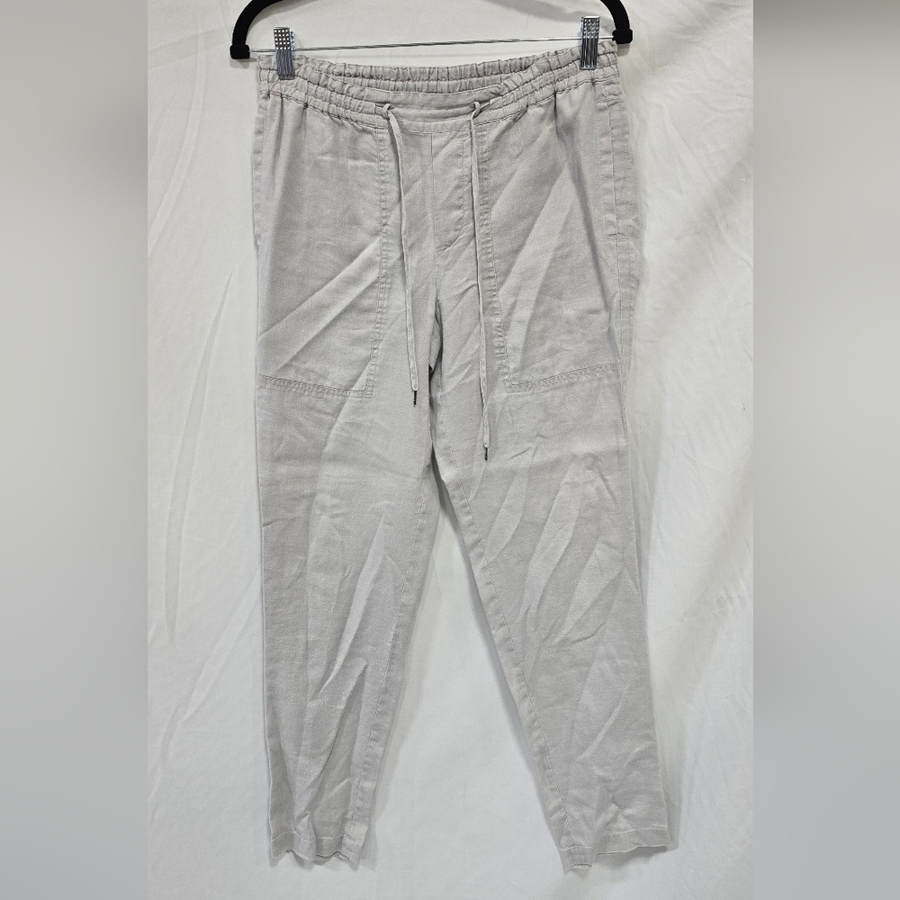 Vince women S cropped linen pants gray pull on travel beach drawstring festival